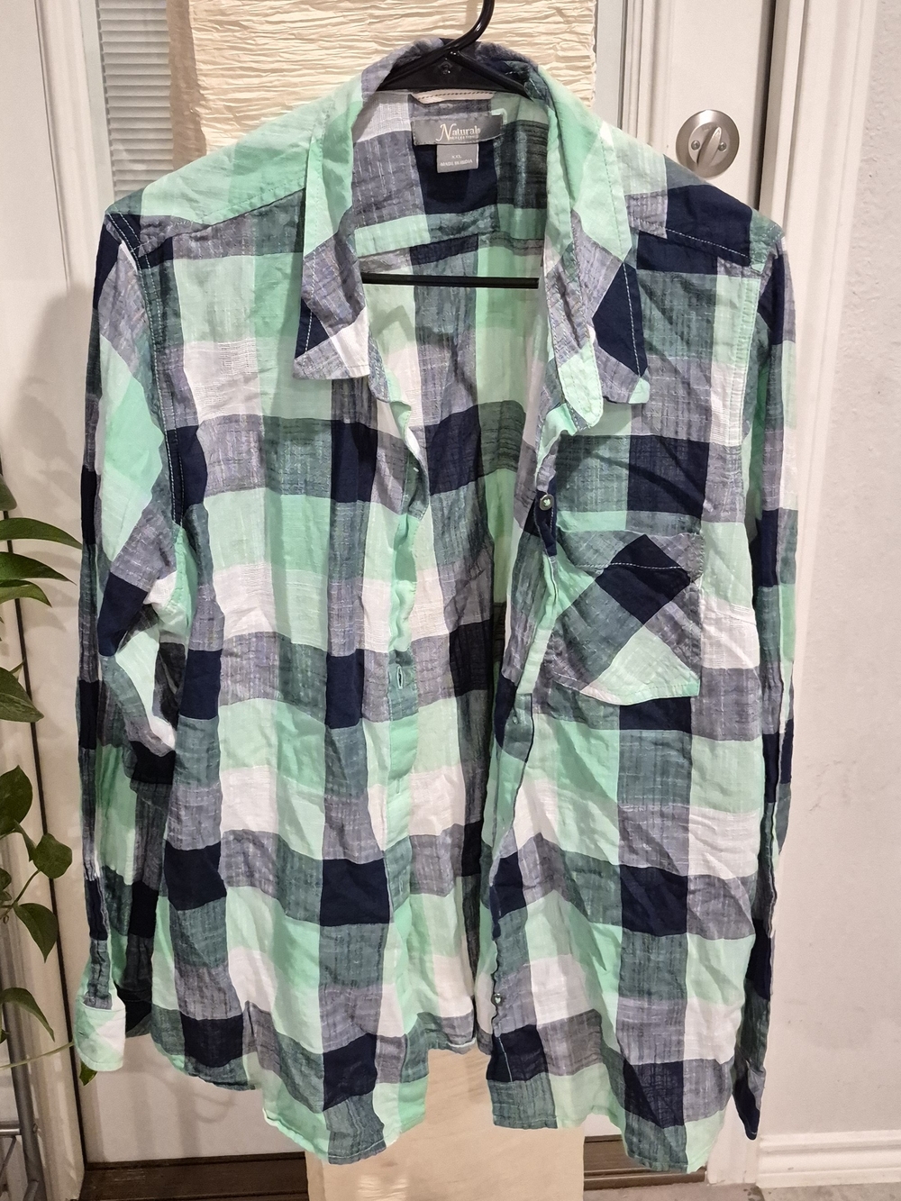 Natural Reflections Mint, Navy & White Plaid Button-Down Shirt